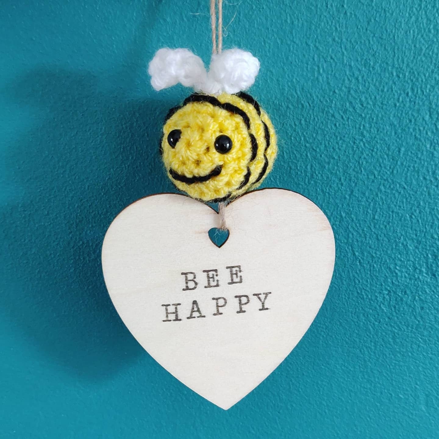 Bee Happy Wooden Heart Sign with Crochet Bumblebee