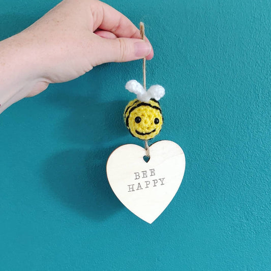 Bee Happy Wooden Heart Sign with Crochet Bumblebee