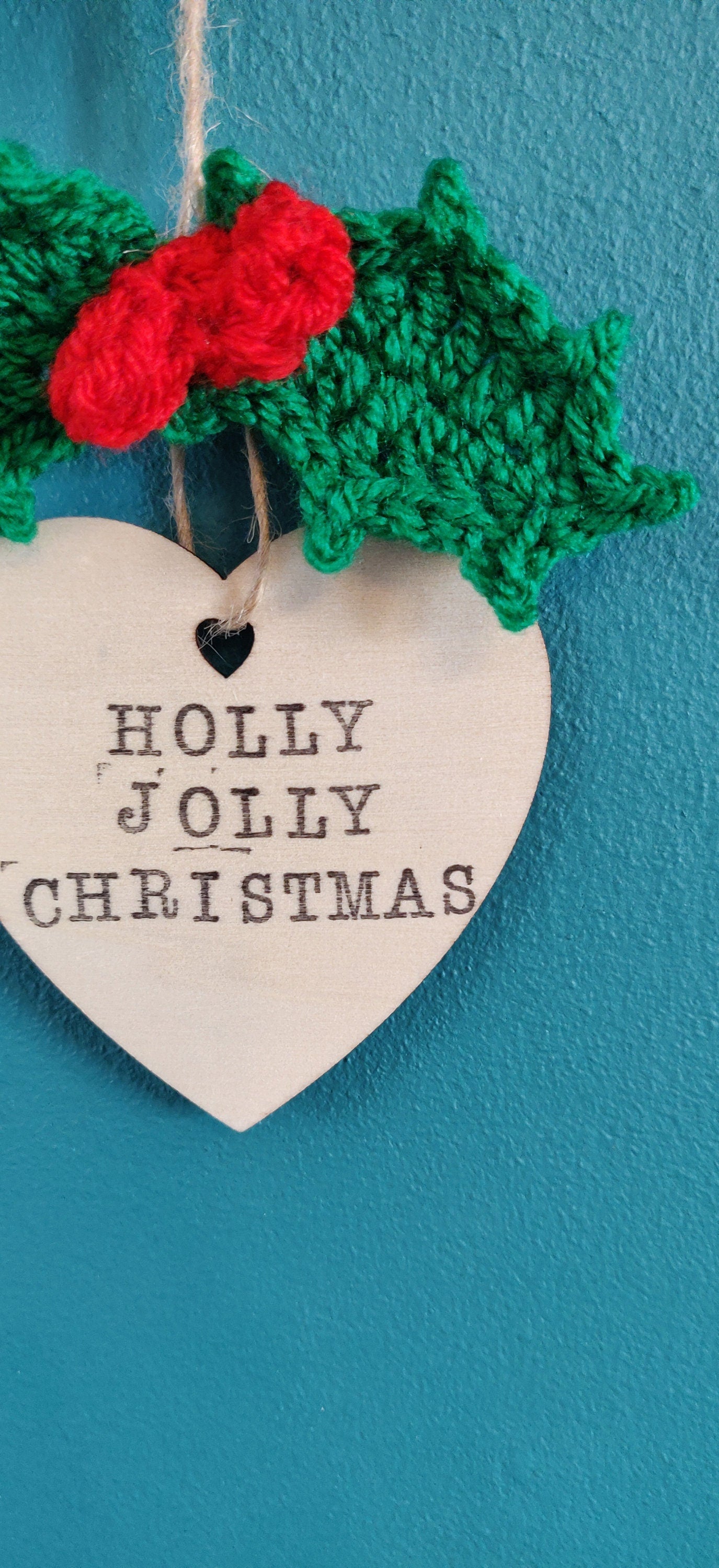Crocheted Holly Christmas Ornament, Hand Stamped Wood Sign