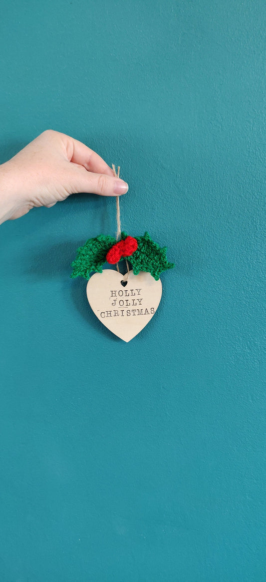 Crocheted Holly Christmas Ornament, Hand Stamped Wood Sign