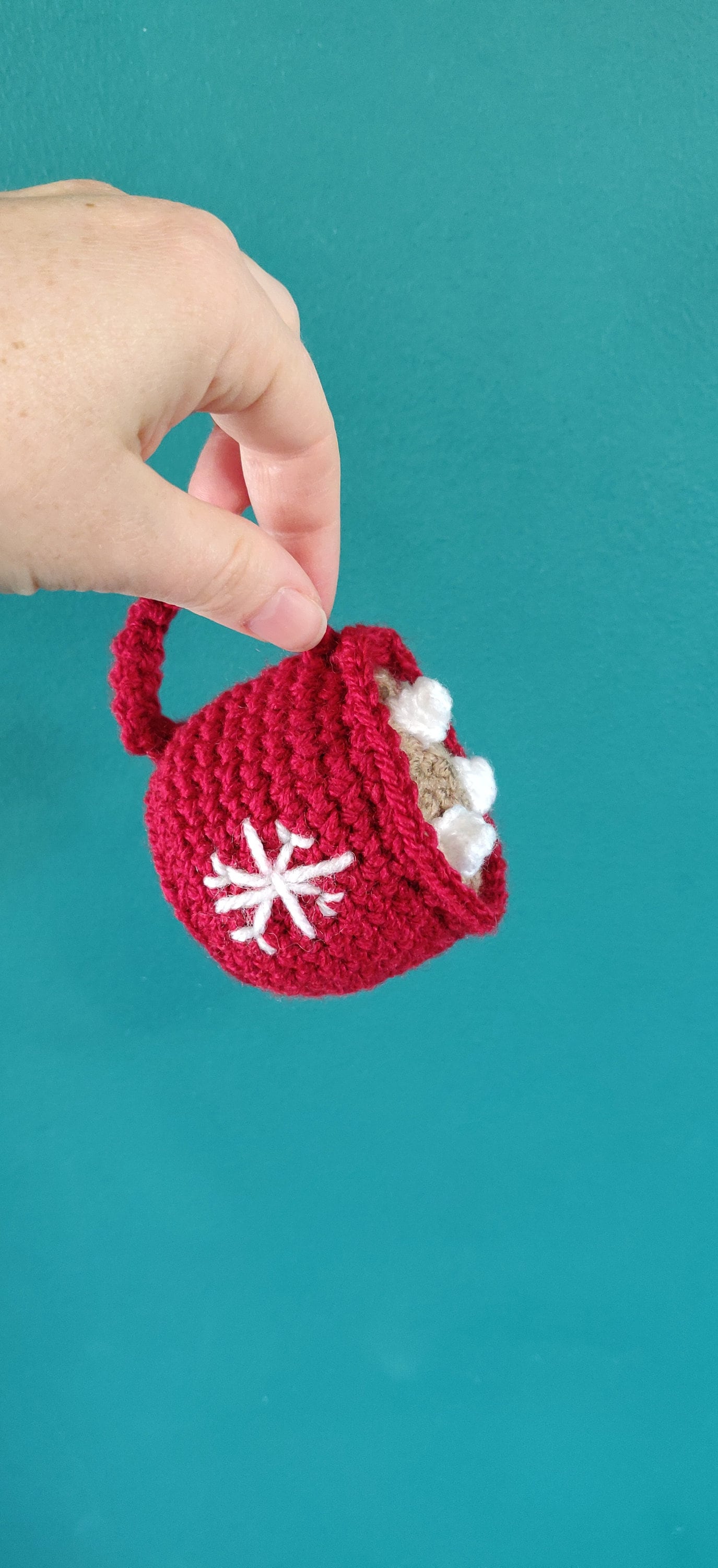 Crochet Hot Chocolate Mug Ornament, Christmas Snowflake Decor