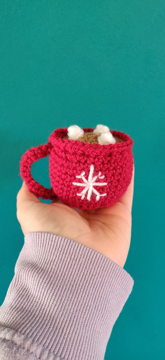 Crochet Hot Chocolate Mug Ornament, Christmas Snowflake Decor