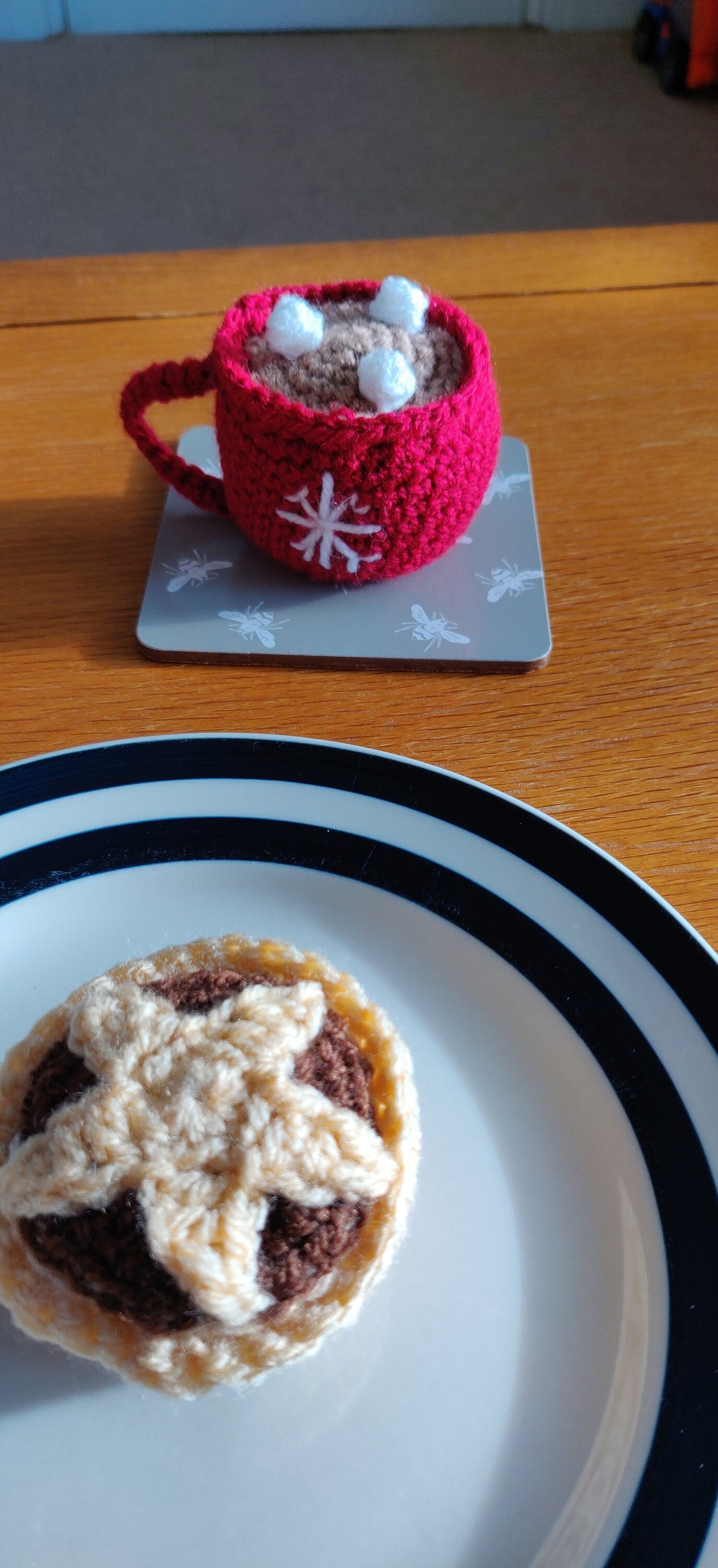 Crochet Mince Pie and Hot Chocolate Christmas Ornaments, Set of Two