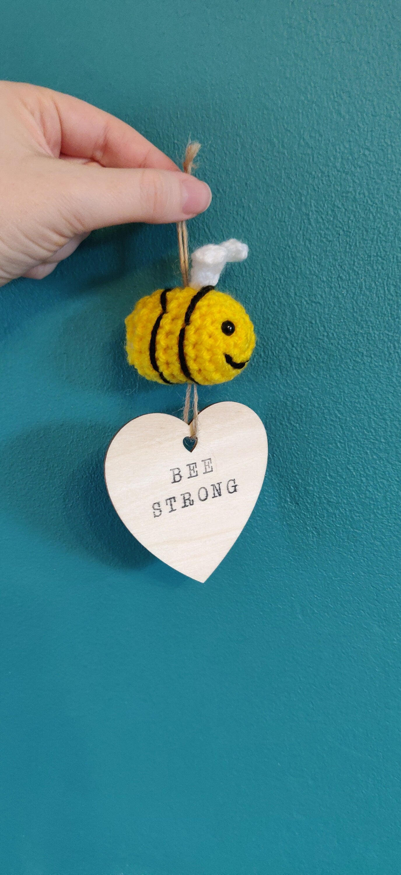 Bee Strong Wooden Heart Sign, Crochet Bumblebee Gift