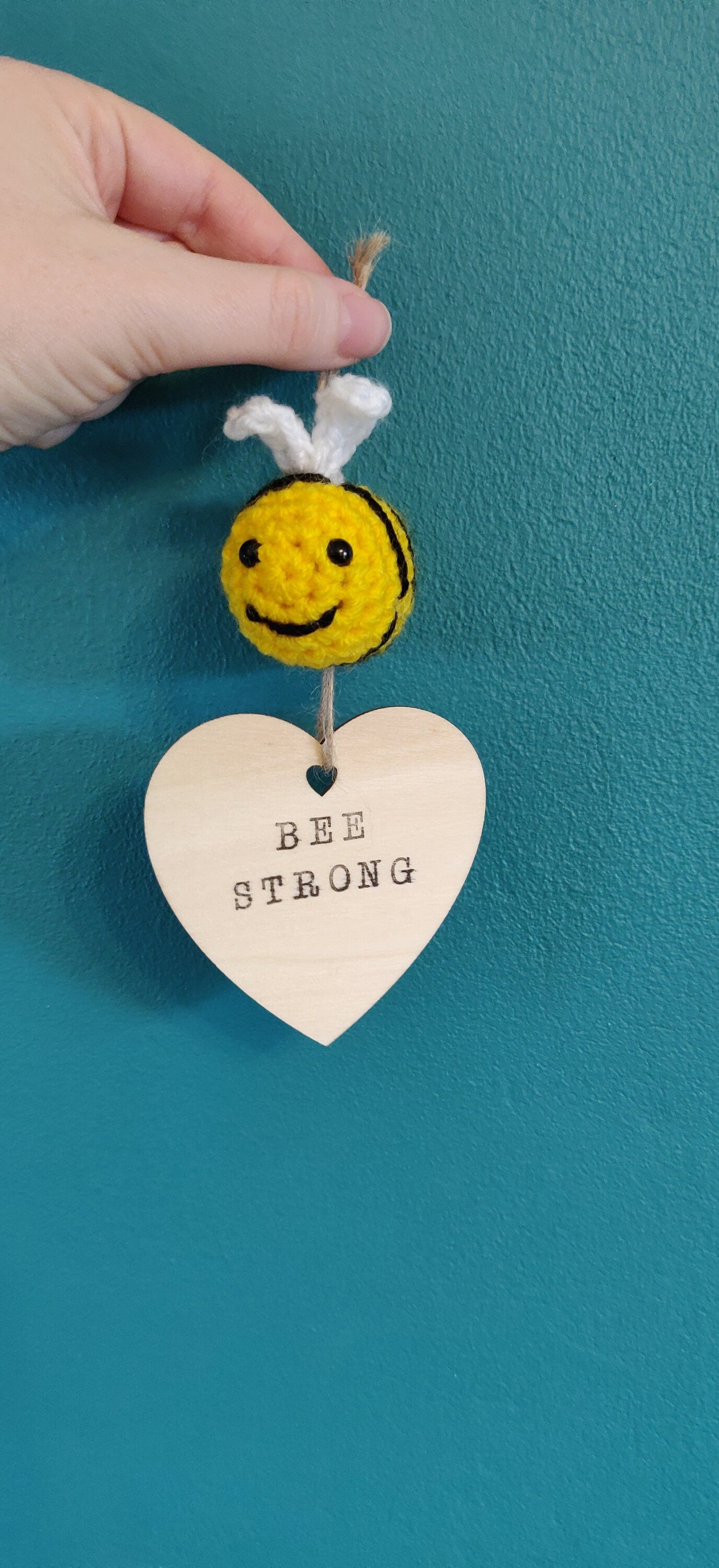 Bee Strong Wooden Heart Sign, Crochet Bumblebee Gift