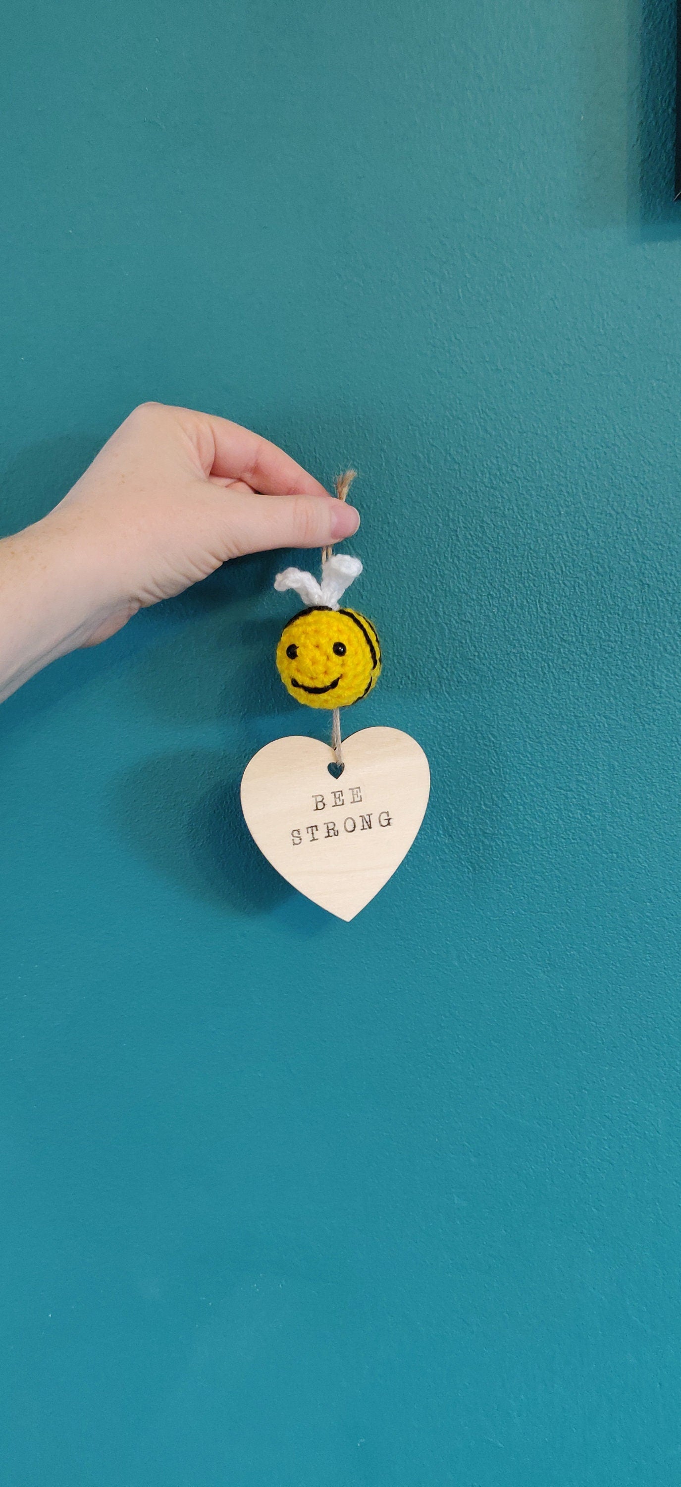 Bee Strong Wooden Heart Sign, Crochet Bumblebee Gift