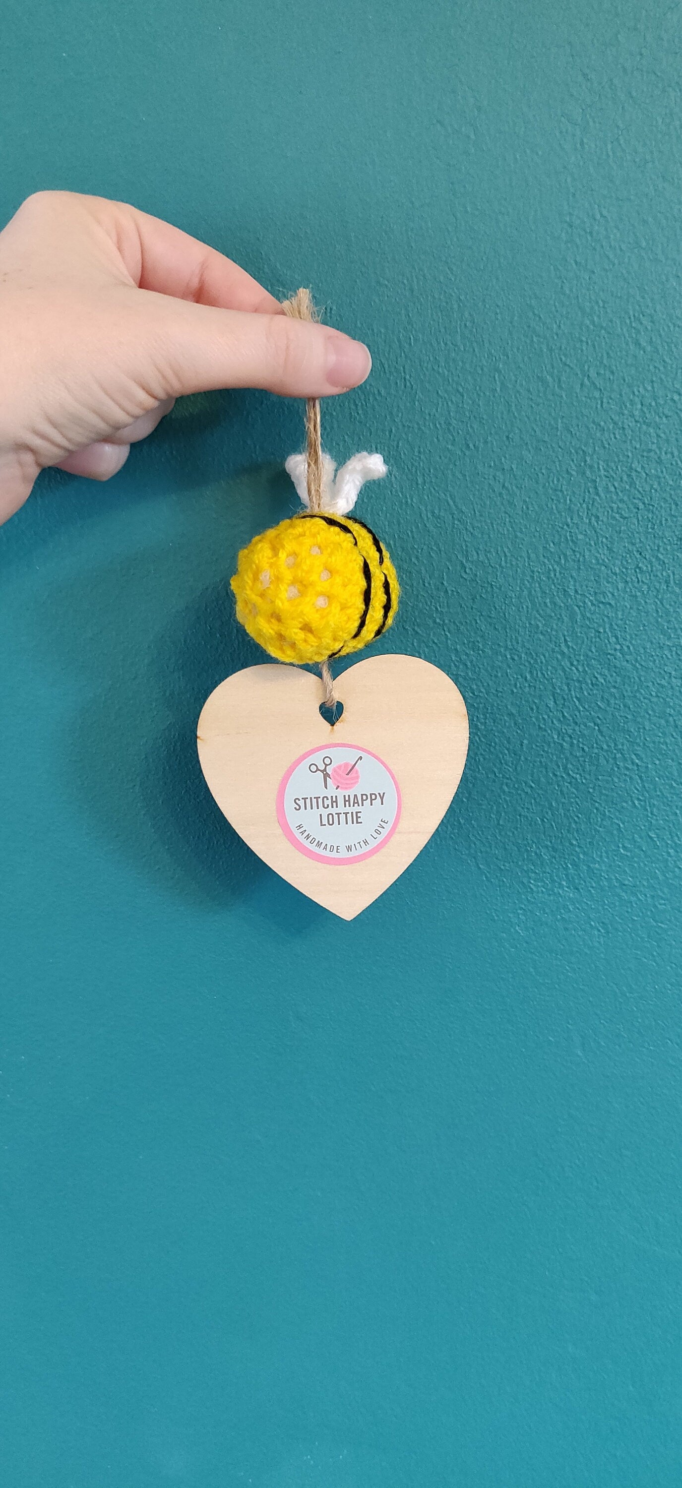 Bee Strong Wooden Heart Sign, Crochet Bumblebee Gift