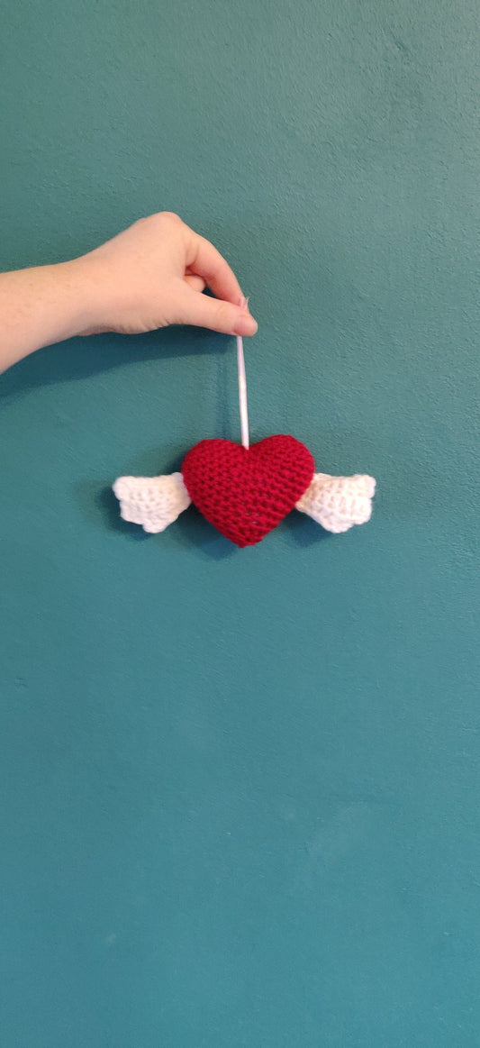 Crochet Heart With Wings Door Hanger, Ventines Day Gift, Valentine's Heart Decoration, Heart Wall Decor, Heart and Wings Memorial Gift