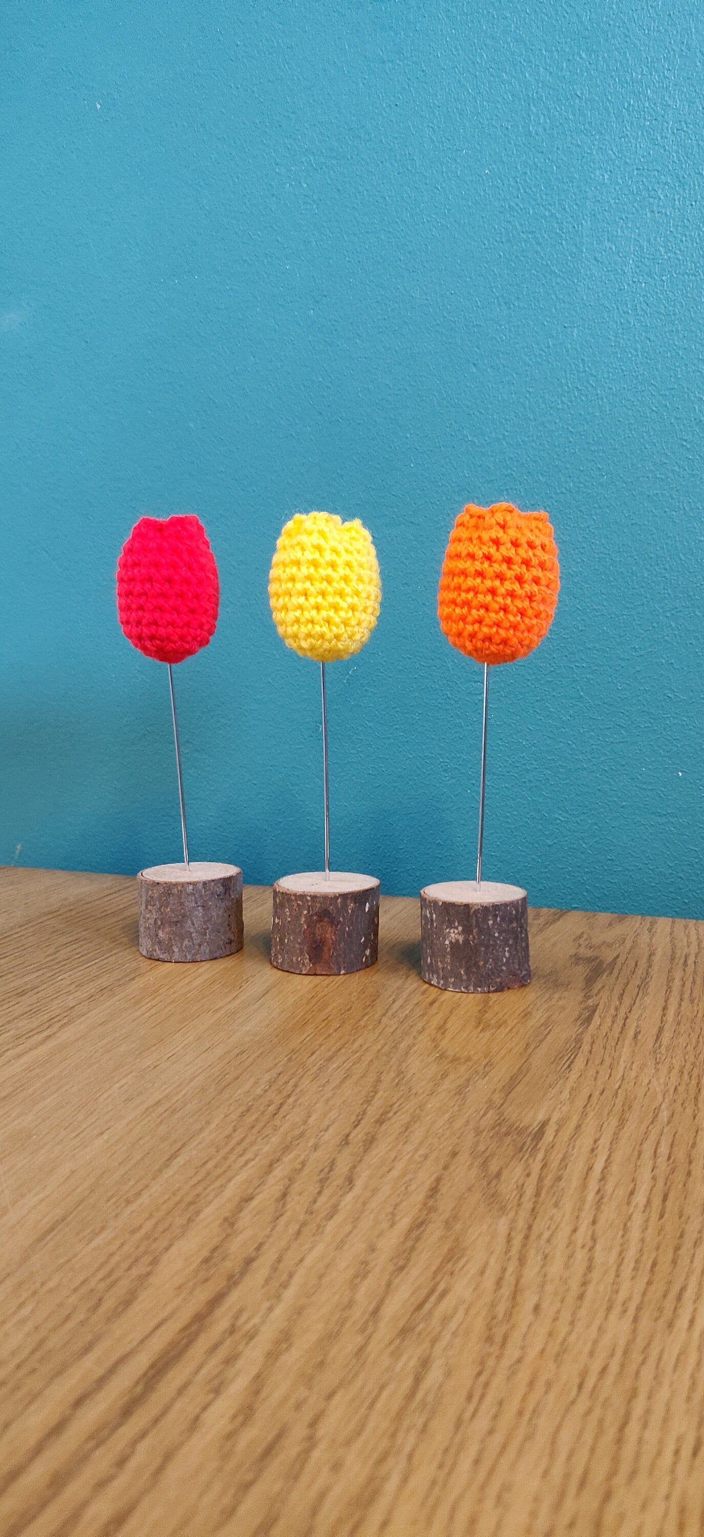 Crochet Tulip Decorations, Three, Red, Orange, Yellow, Spring Flowers, Spring Ornament, Floral Decoration, Birthday Gift, Wooden Flower