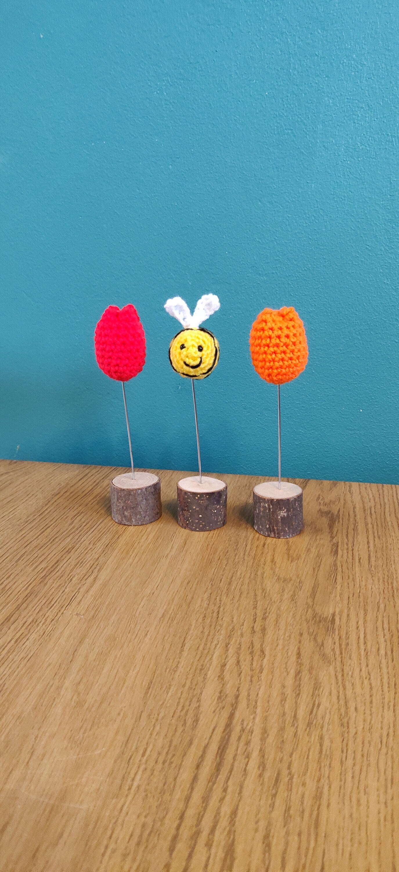 Crochet Tulip Decorations, Three, Red, Orange, Yellow, Spring Flowers, Spring Ornament, Floral Decoration, Birthday Gift, Wooden Flower