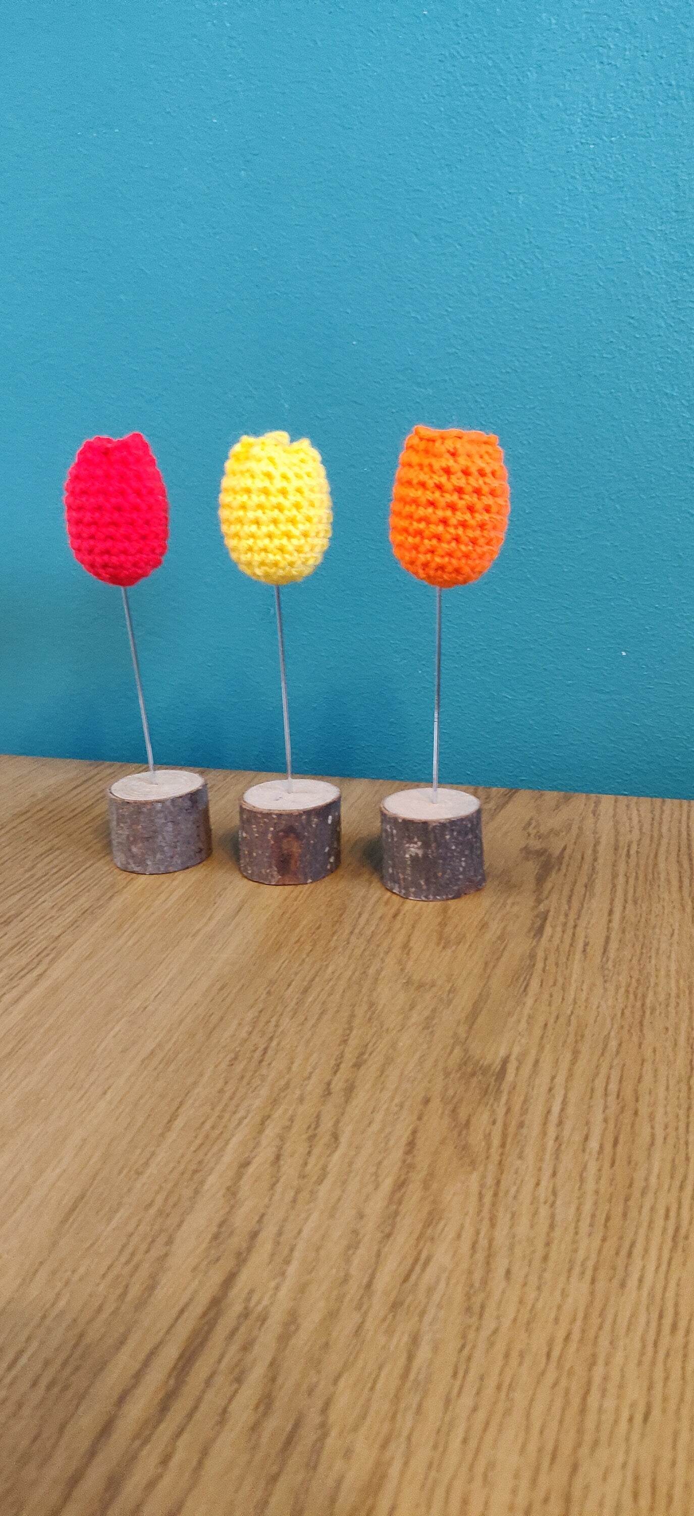 Crochet Tulip Decorations, Three, Red, Orange, Yellow, Spring Flowers, Spring Ornament, Floral Decoration, Birthday Gift, Wooden Flower