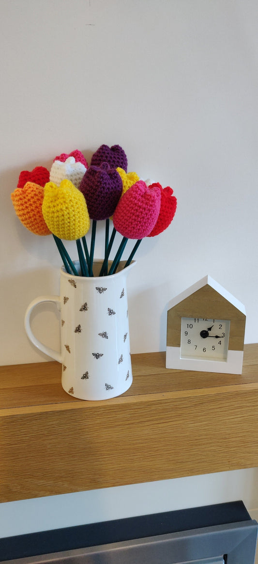 Crochet Rainbow Tulips, Artificial Flowers Bouquet, Birthday Gift