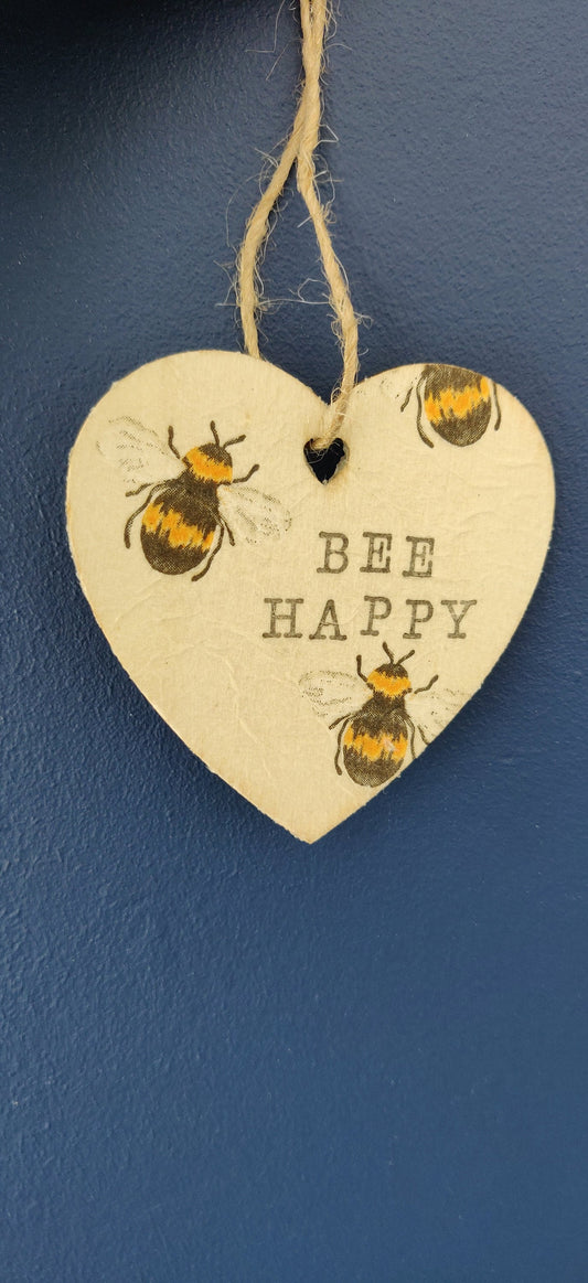Bee Happy Wooden Sign, Wall Plaque, Wooden Heart Gift, Bee Gift for Her, Positive Present, Bee Happy Art, Door Hanger, Tiered Tray Decor