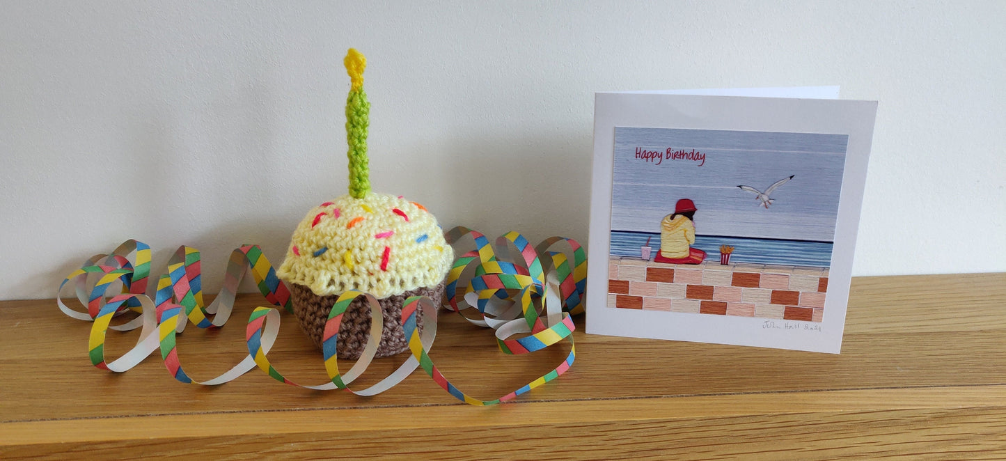 Birthday Cupcake, Happy Birthday Cake With Candle, Cake Prop, Crochet Cake, Fake Cupcake, Artificial Cake Decor, First Birthday Keepsake