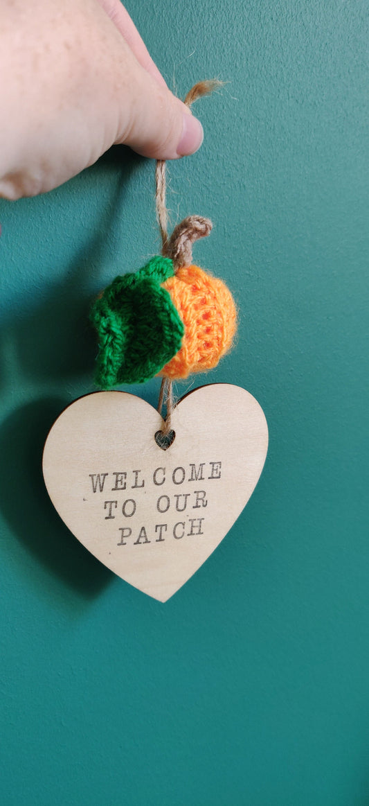 Welcome To Our Patch Sign, New Home Gift, Pumpkin Patch Plaque, Autumn Decoration, Orange Mini Pumpkin, Crochet Pumpkin, Wooden Sign