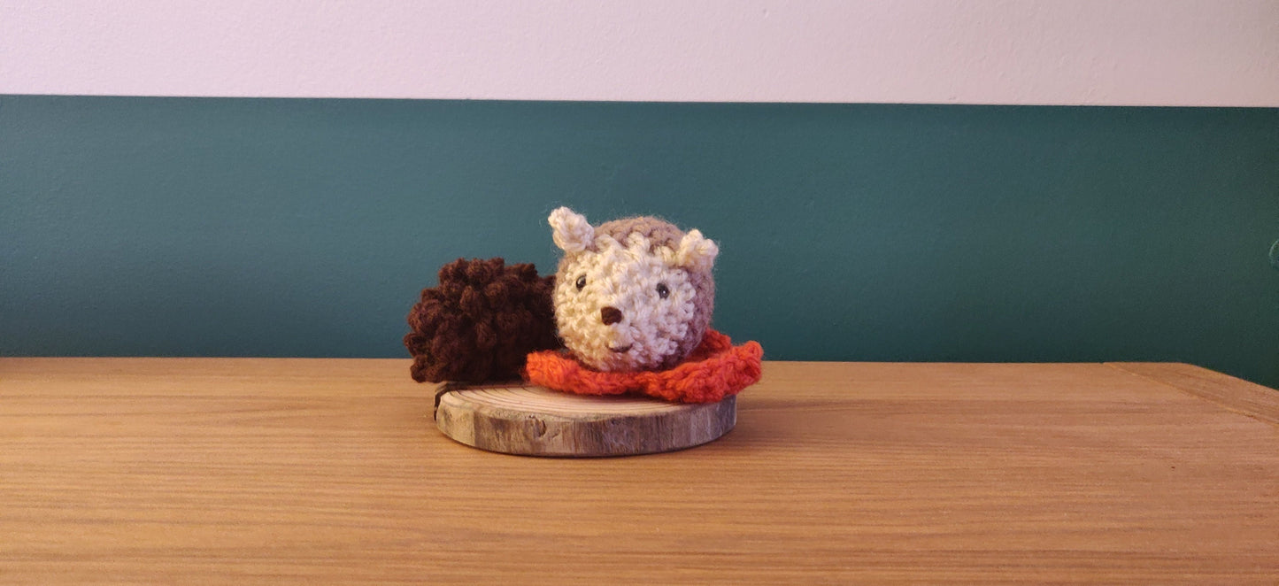 Crochet Autumn Hedgehog Ornament, Rustic Wooden Slice, Fall Decor