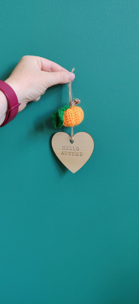 Hello Autumn Sign, Hanging Decoration, Fall Decor, Mini Pumpkin Sign, Crochet Pumpkin, Personalised Sign, Halloween Decor, Tiered Tray