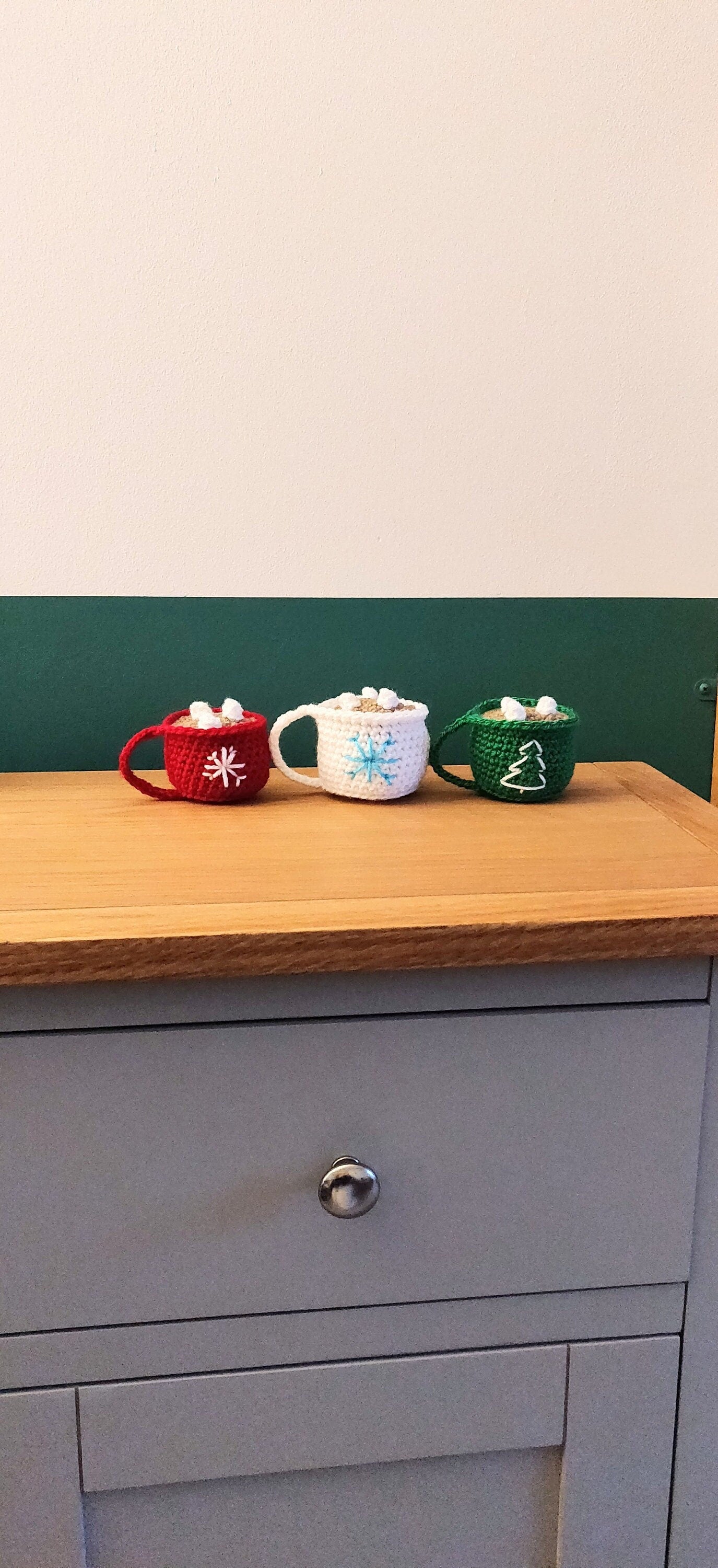 Crochet Hot Chocolate Mug Ornament Set: Xmas Tree Decor