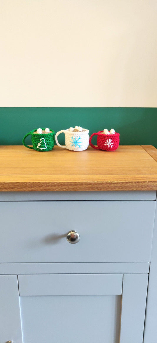 Crochet Hot Chocolate Mug Ornament Set: Xmas Tree Decor