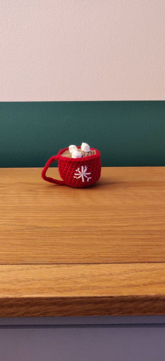 Crochet Hot Chocolate Mug Ornament, Christmas Snowflake Decor