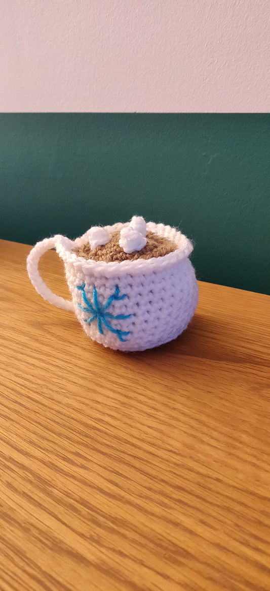 Crochet Hot Chocolate Mug Ornament, Snowflake Christmas Tree Decor
