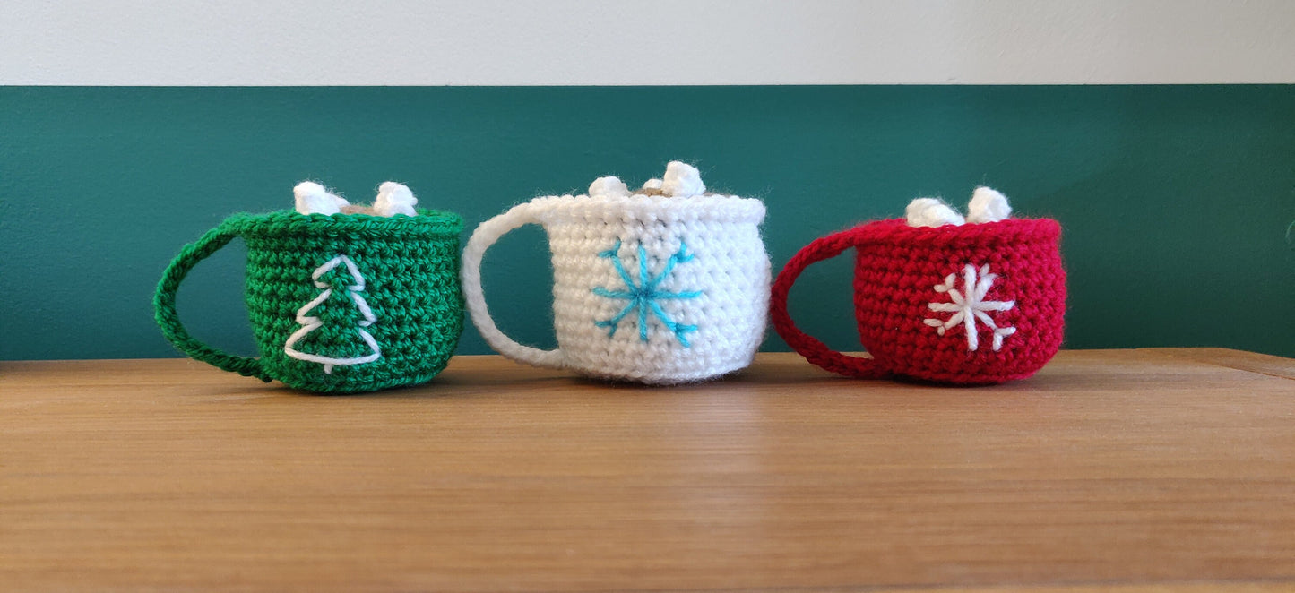 Crochet Hot Chocolate Mug Ornament Set: Xmas Tree Decor