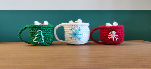 Crochet Hot Chocolate Mug Ornament Set: Xmas Tree Decor