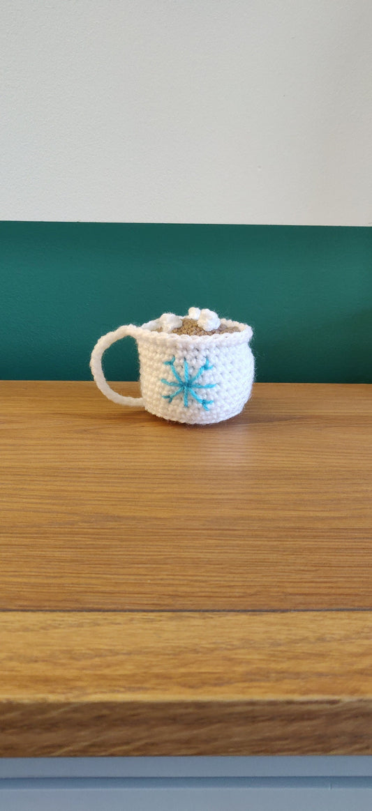 Crochet Hot Chocolate Mug Ornament, Snowflake Christmas Tree Decor