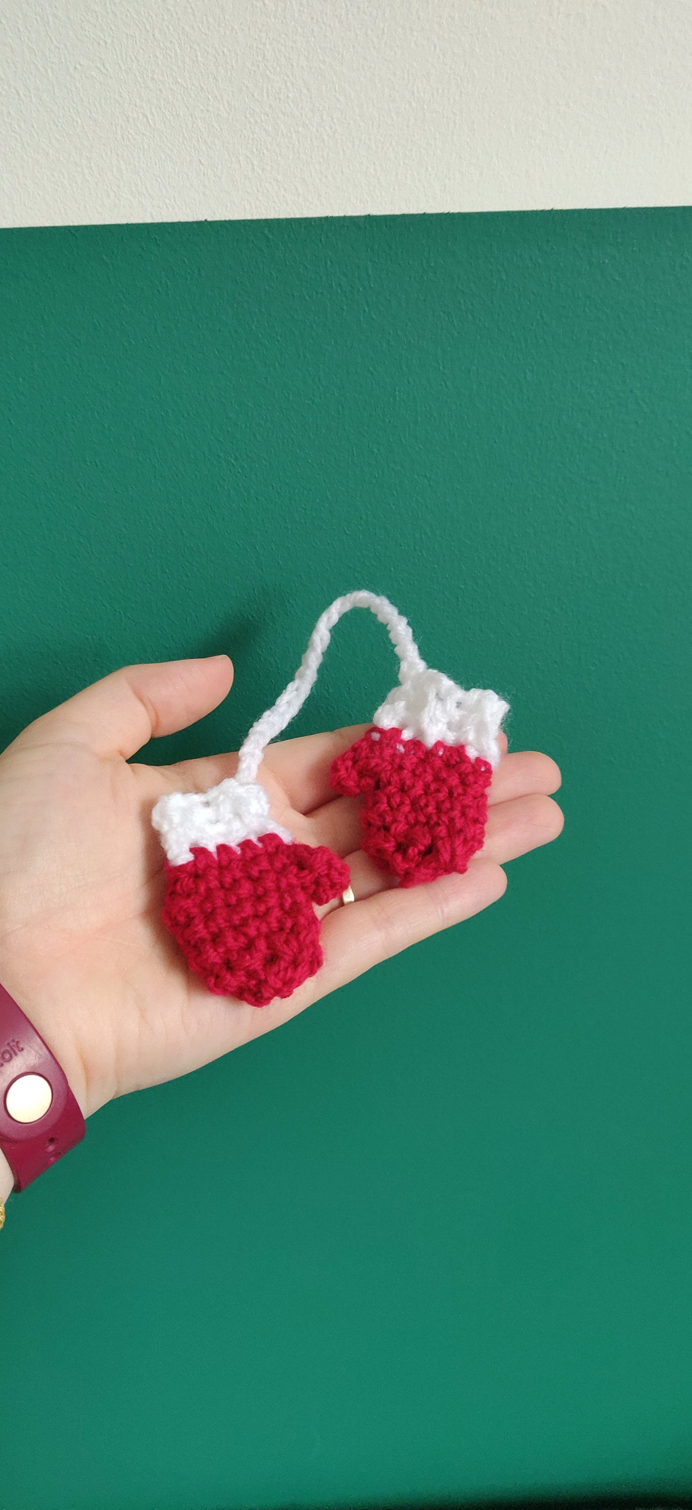 Crocheted Mini Mitten Christmas Ornament, Red and White