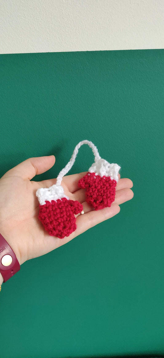 Crocheted Mini Mitten Christmas Ornament, Red and White