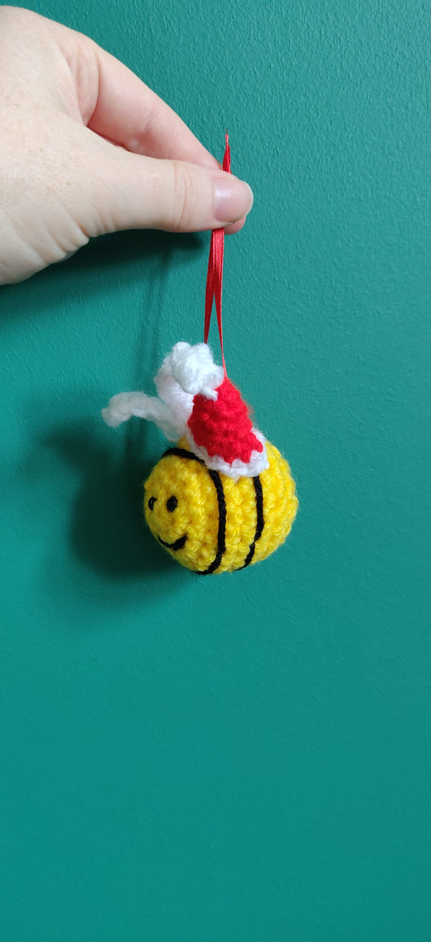 Crocheted Christmas Bee Ornament with Santa Hat