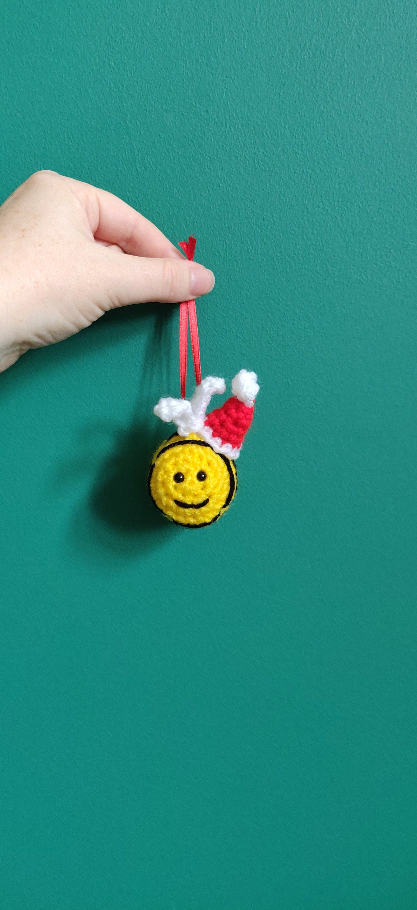Crocheted Christmas Bee Ornament with Santa Hat