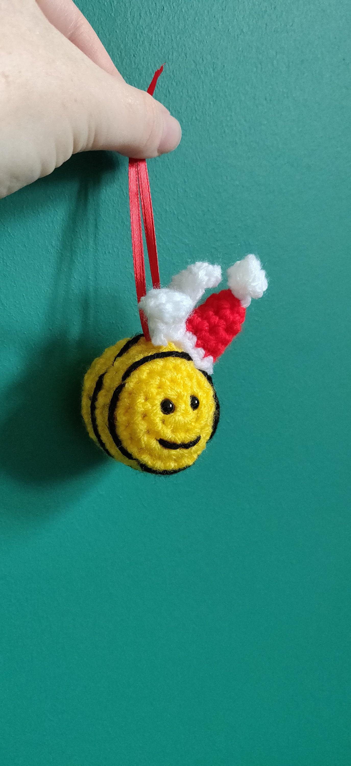 Crocheted Christmas Bee Ornament with Santa Hat