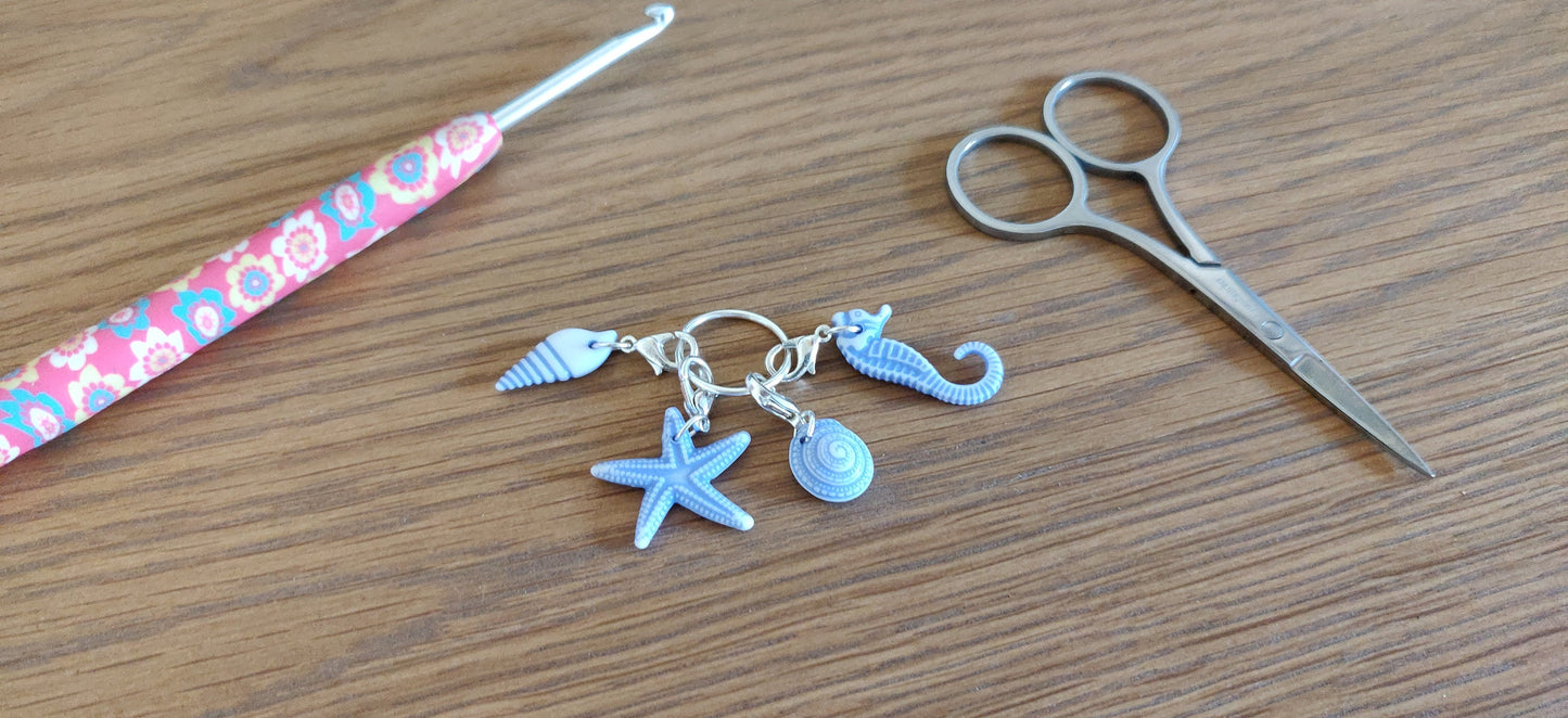 Set of Four Crochet Stitch Markers, Kitting Stitch Marker UK, Crochet Accessories, Gift for Crafter, Beach Theme, Seahorse, Shells, Starfish