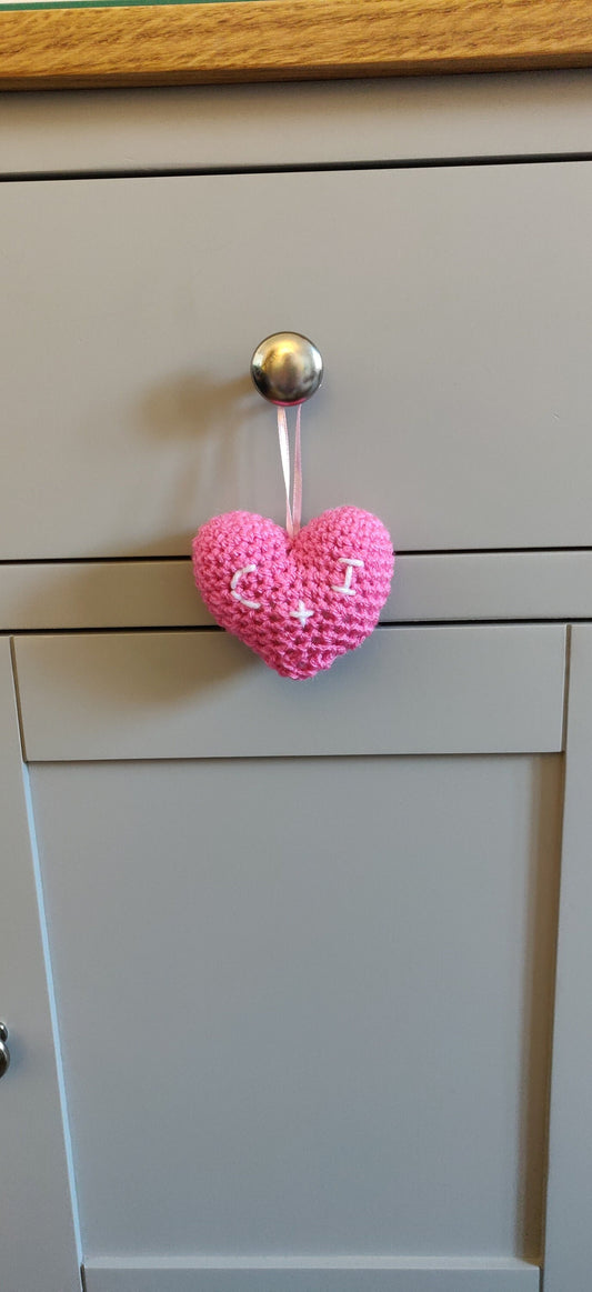 Pink Heart Initial Gift, Wedding, Engagement, Anniversary, Hanging Decor, Crochet Heart Ornament, Romantic Gift, Personalised Valentine Gift