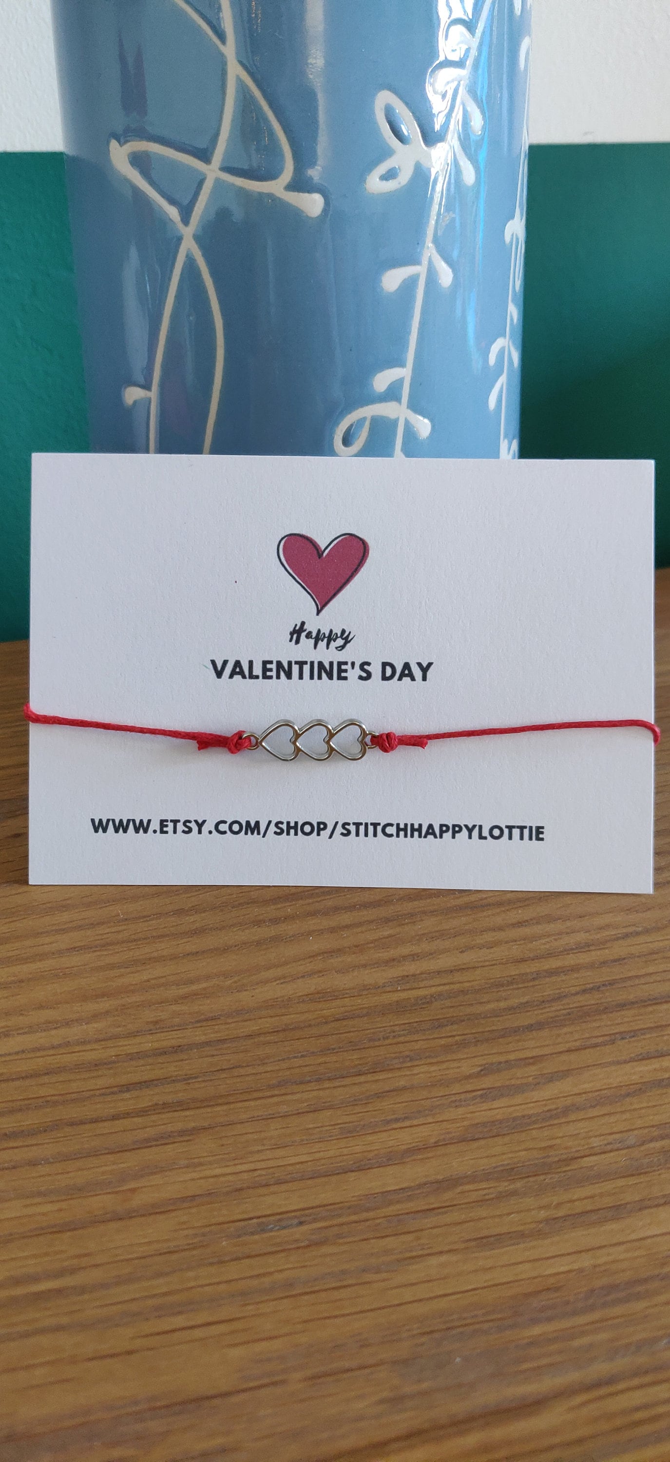 Happy Valentine's Day Bracelet, Red Heart Charm Bracelet, Adjustable Bracelet for Wife or Girlfriend, Valentine's Card, Heart Charm