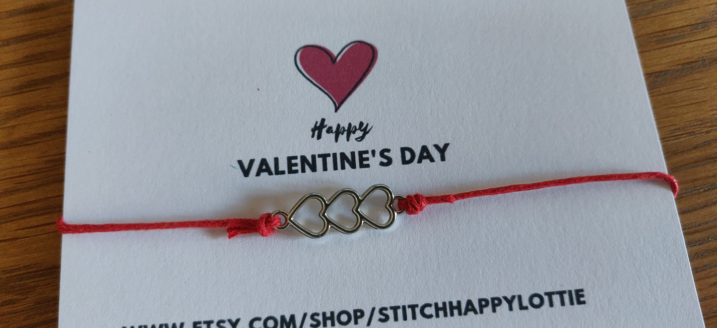 Happy Valentine's Day Bracelet, Red Heart Charm Bracelet, Adjustable Bracelet for Wife or Girlfriend, Valentine's Card, Heart Charm