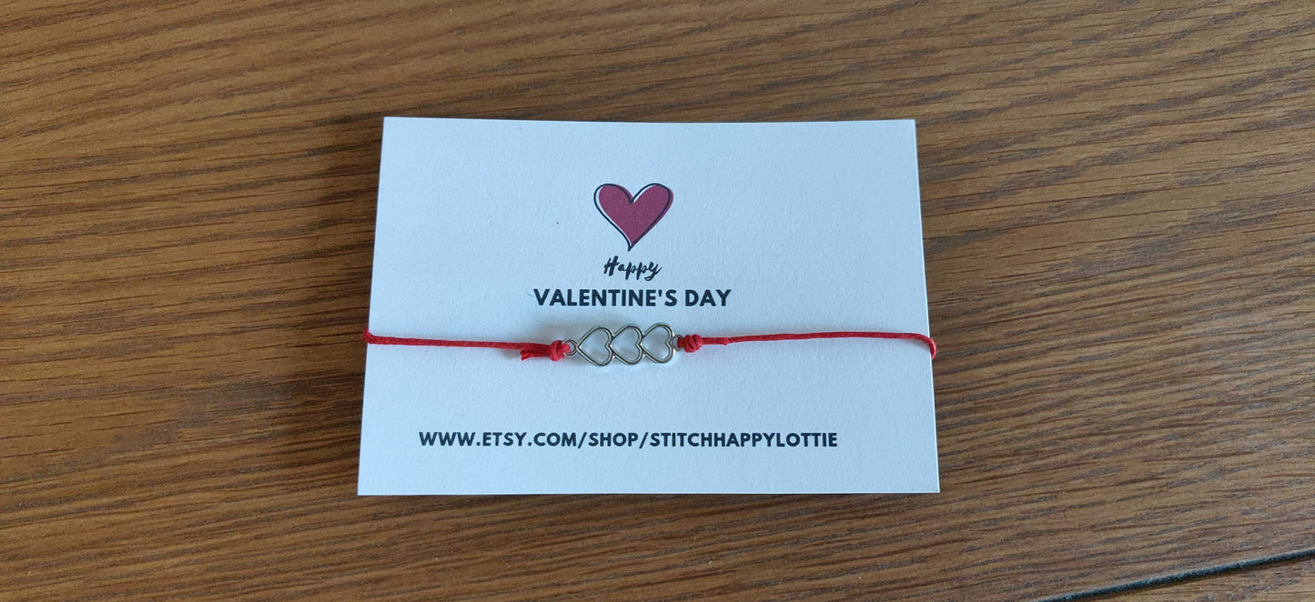 Happy Valentine's Day Bracelet, Red Heart Charm Bracelet, Adjustable Bracelet for Wife or Girlfriend, Valentine's Card, Heart Charm