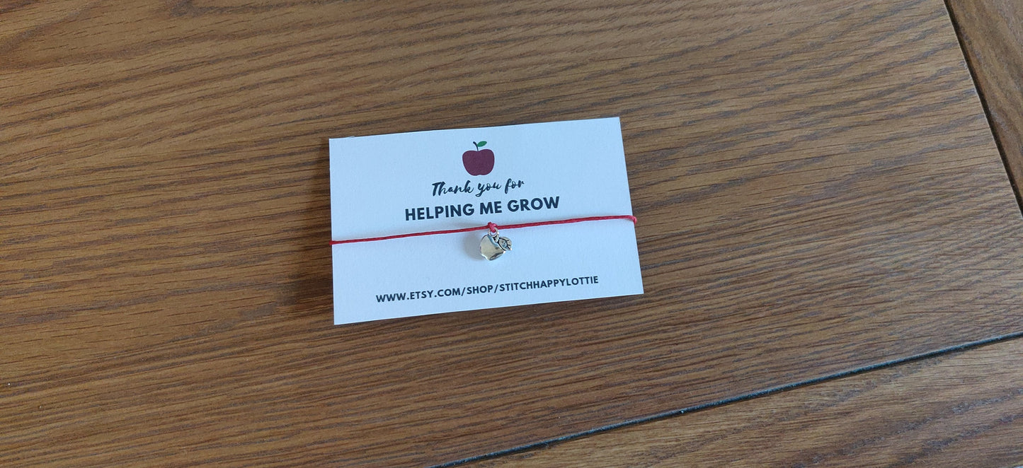Apple Charm Bracelet, Red Wax Cord, Teacher Gift