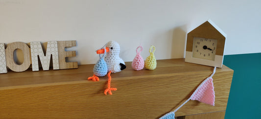 Stork with Baby Shelf Sitter Decoration, Stock Figurine, Stork Cake Topper, New Baby, Baby Shower, Christening Gift, Present for Midwife