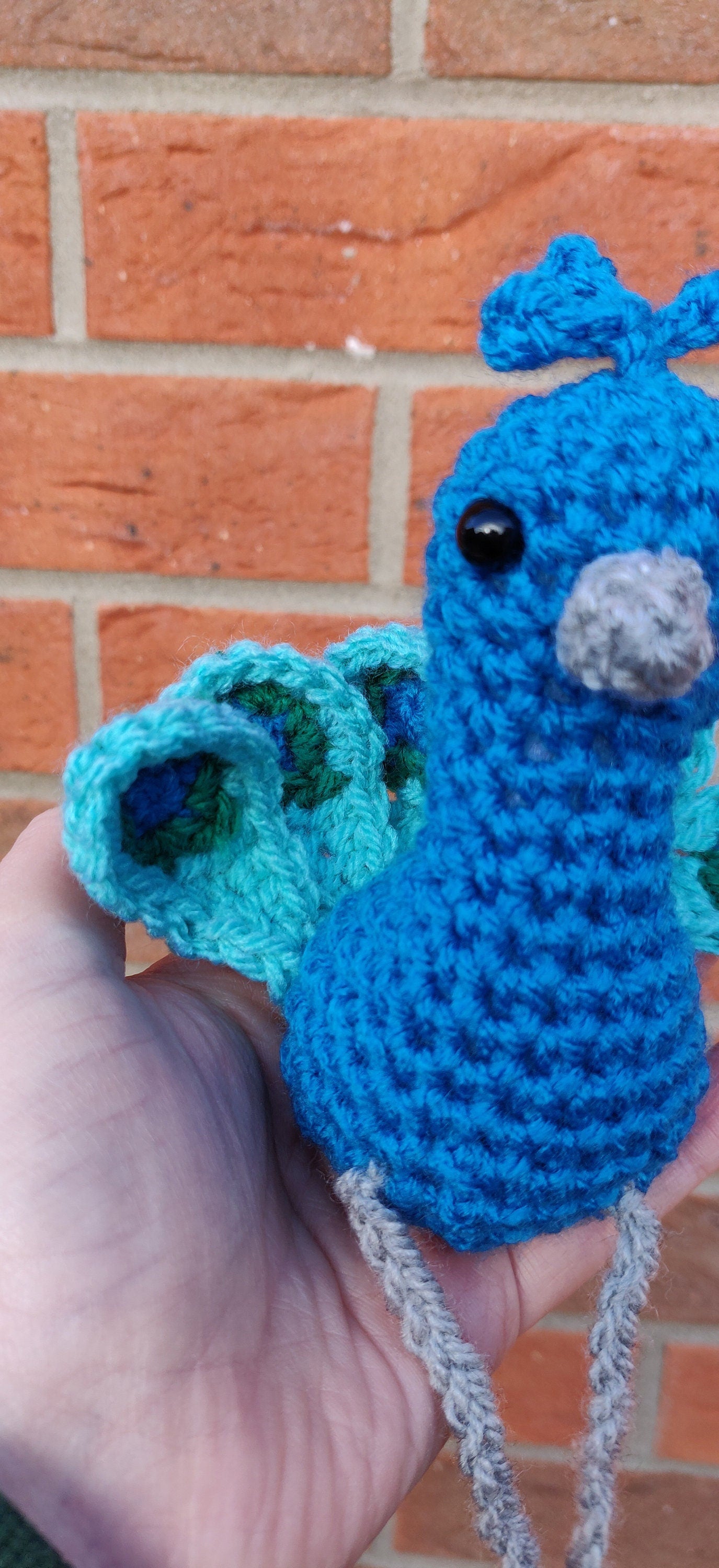 Crochet Peacock Ornament: Blue & Green Bird Figurine, Shelf Sitter