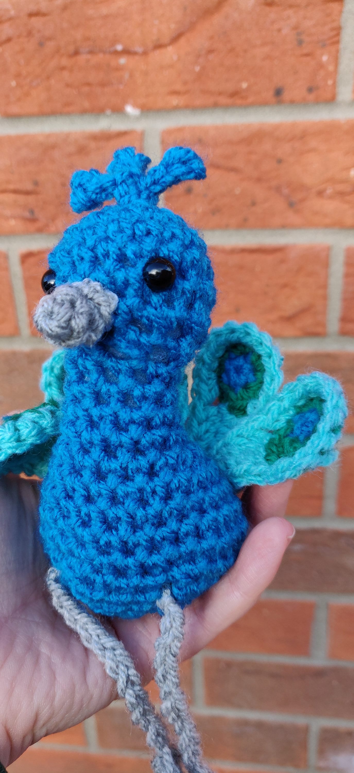 Crochet Peacock Ornament: Blue & Green Bird Figurine, Shelf Sitter