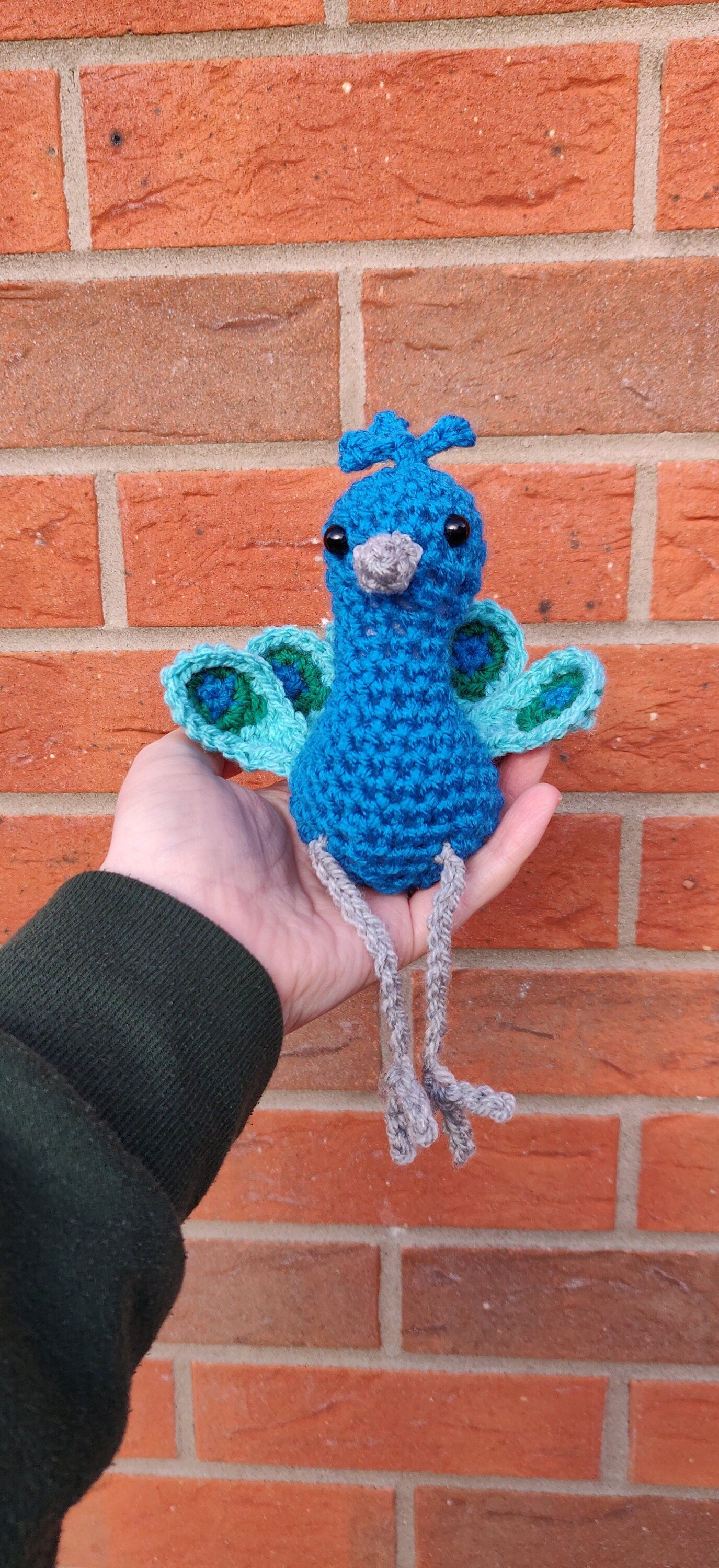 Crochet Peacock Ornament: Blue & Green Bird Figurine, Shelf Sitter