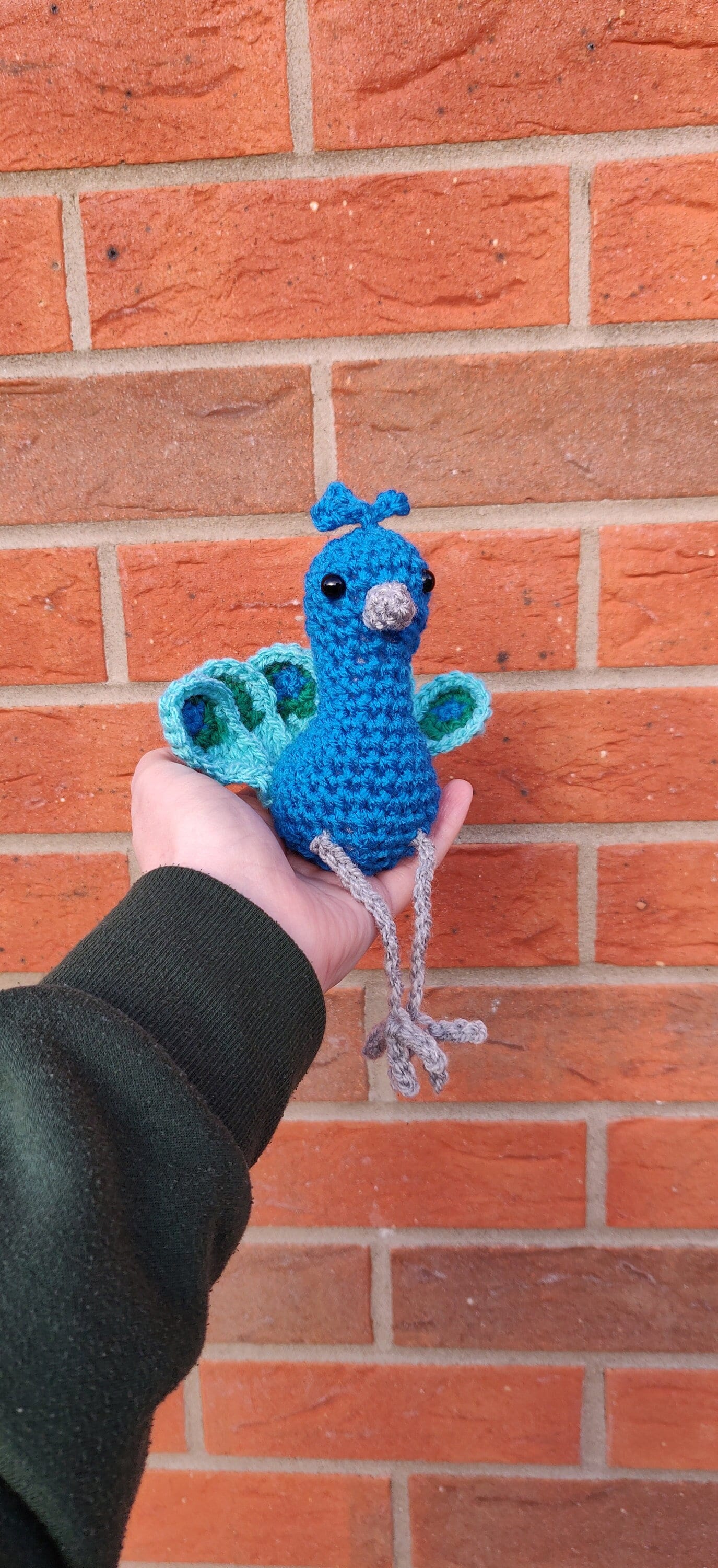 Crochet Peacock Ornament: Blue & Green Bird Figurine, Shelf Sitter