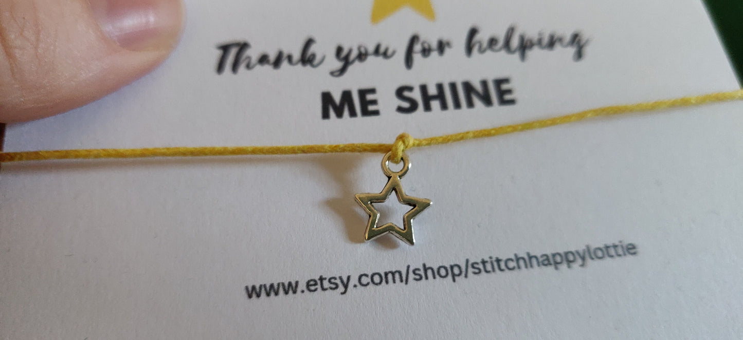 Thank you for Helping Me Shine, Star Bracelet, Teacher Gift, Thank you Gift, Appreiation Gift, Star Charm Bracelet, Yellow Bracelet for Her