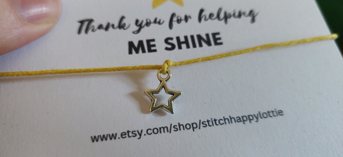 Thank you for Helping Me Shine, Star Bracelet, Teacher Gift, Thank you Gift, Appreiation Gift, Star Charm Bracelet, Yellow Bracelet for Her