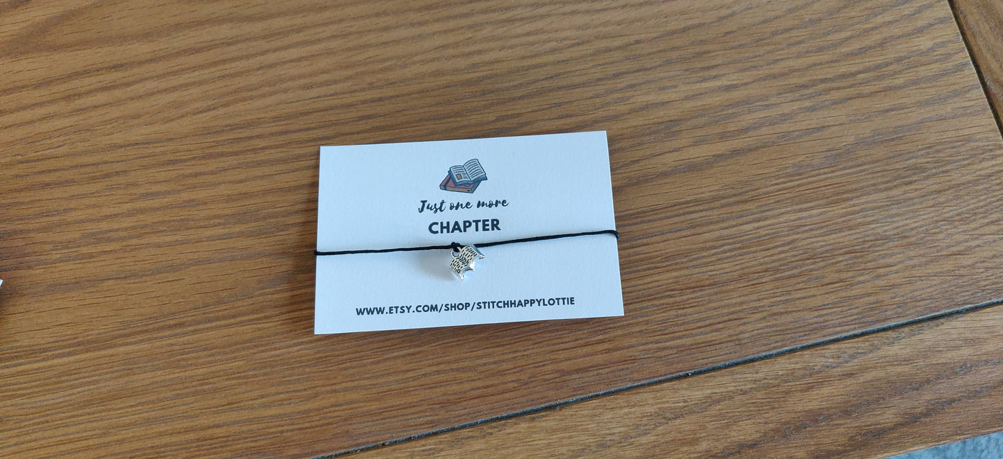 Book Charm Bracelet: Silver Open Book, Black Cord, Adjustable