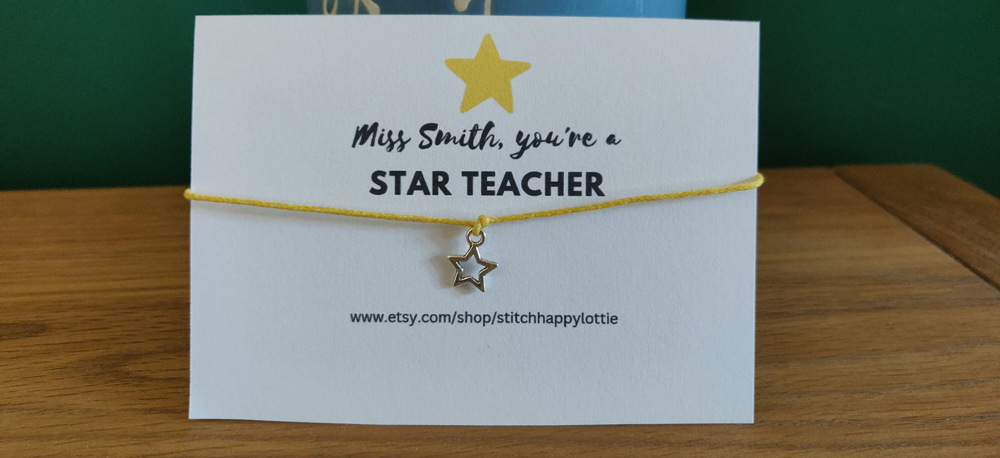 Personalised Star Teacher Gift, Star Bracelet, Teacher Gift, Star Charm Bracelet, Yellow Bracelet for Teacher, End of Term Gift, Christmas
