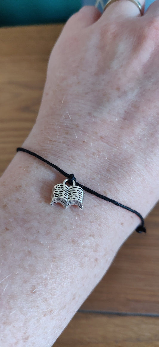 Book Charm Bracelet: Silver Open Book, Black Cord, Adjustable