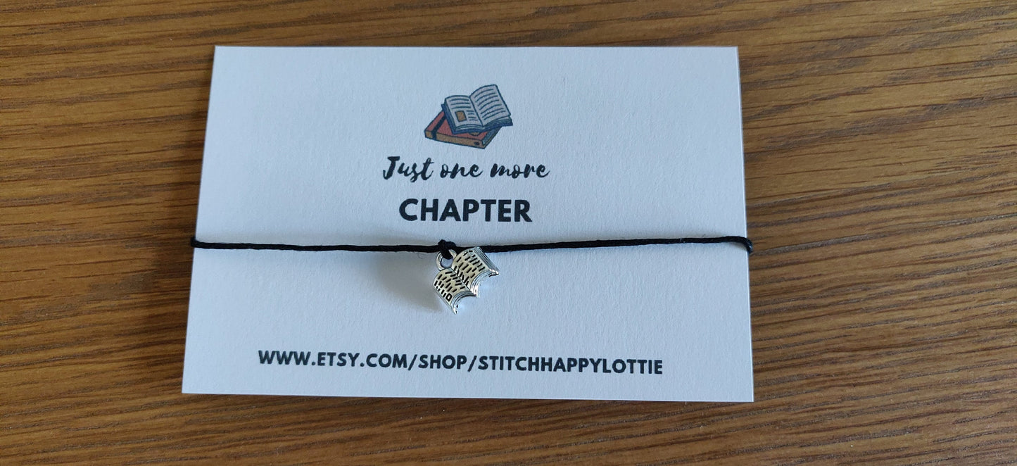 Book Charm Bracelet: Silver Open Book, Black Cord, Adjustable